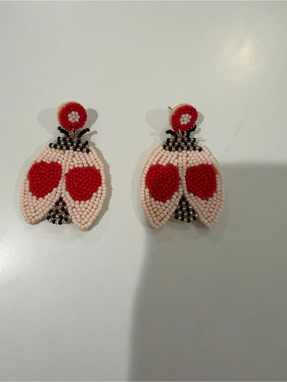 Women’s Handcrafted Red & Cream Beaded Statement Lovebug Earrings EUC